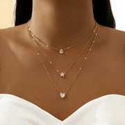 Jiaroswwei Shiny Rhinestone Adjustable Extension Chain Women Necklace Heart Star Charm Layered Pendant Necklace Party Jewelry